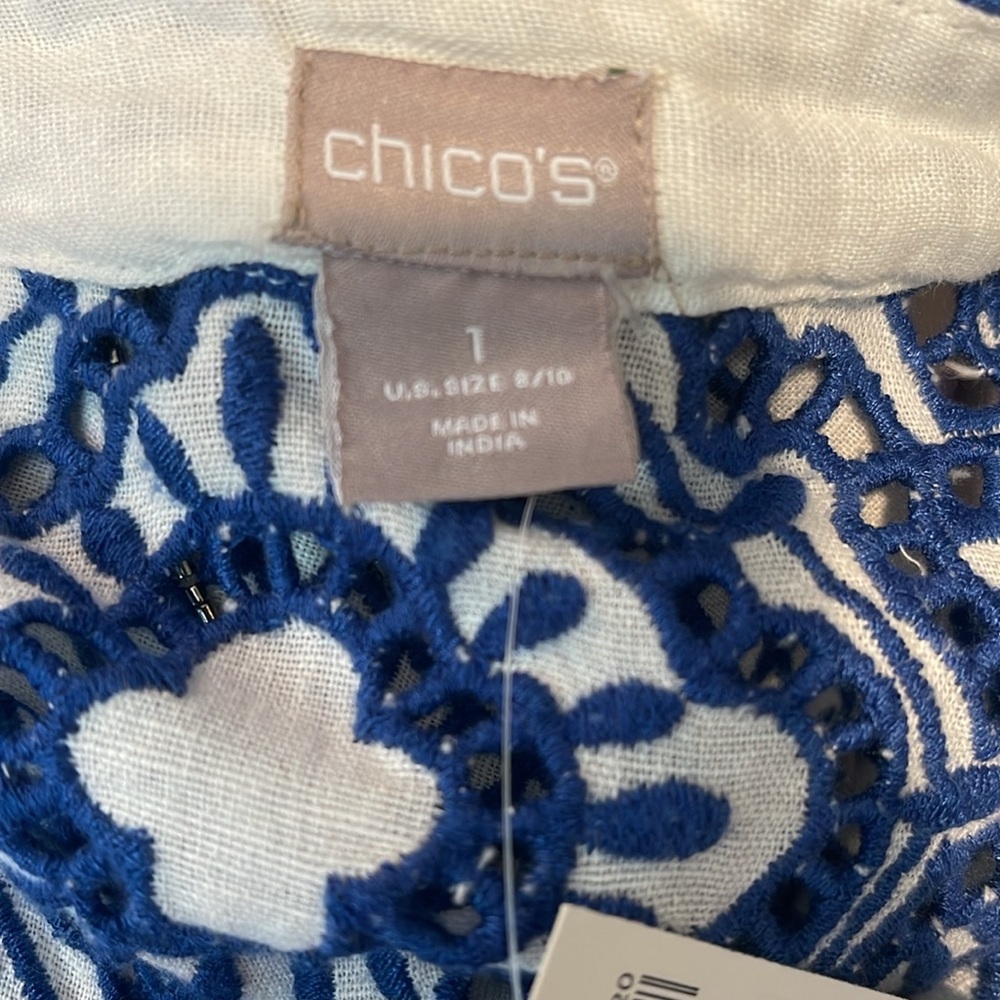 Chico’s Blue and White Embroidered Scalloped-Hem Jacket Size M - Picture 10 of 12